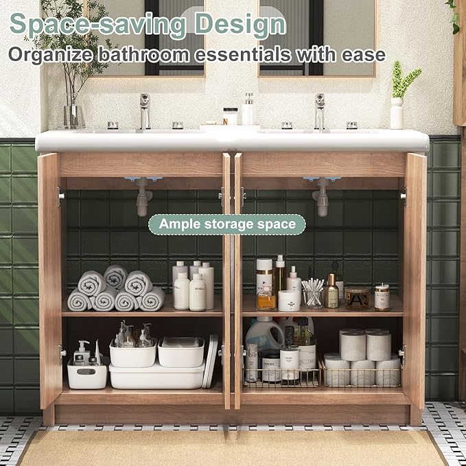 48 Inch Bathroom Vanity with Double Sink, Bathroom Sink Cabinet with 4 Fluted Doors, Double Sink Bath vanities Combo, Light Oak (20" D x 48" W x 36" H)