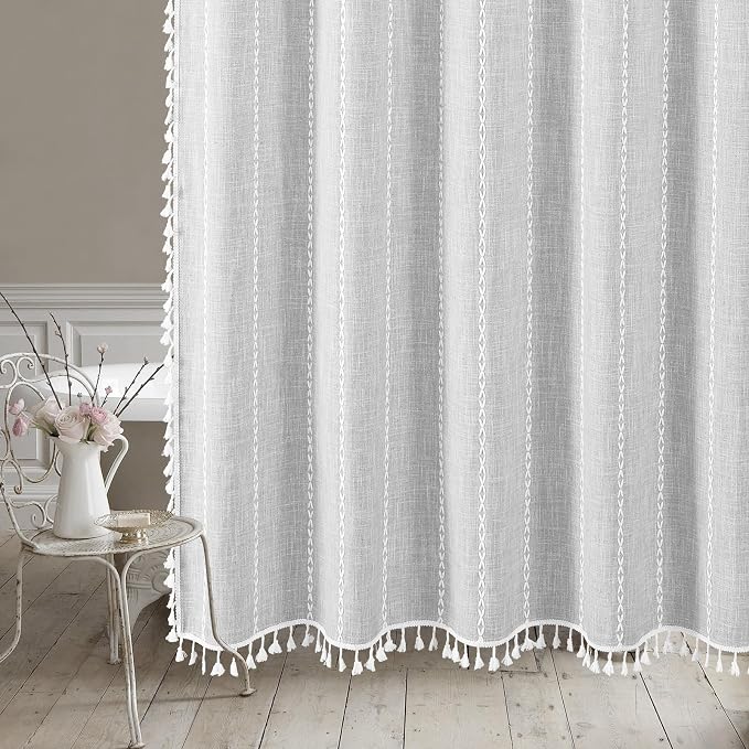 Farmhouse Tassel Linen Shower Curtain,3D Embroidery Stripe Light Grey,36x72 | Small Stall Half Size,310GSM Boho Linen Texture Heavy Duty Cloth,Water Repellent,Wrinkle Resistant,Vintage Farmhouse Rustic