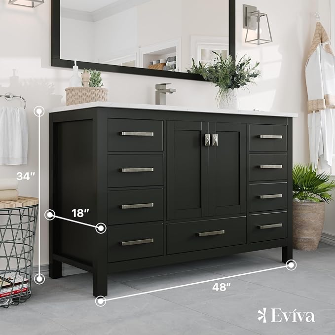 Eviva London 48 x 18 inch Espresso Transitional Bathroom Vanity with White Carrara Quartz Countertop and Undermount Porcelain Sink