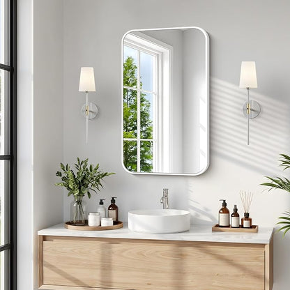 BONEWEI White Bathroom Mirror,16x24 inch Wall Mirror for Bathroom Wall Mounted,Rectangle Mirror for Bathroom Over Sink,Modern Frame Round Corner for Living Room,Bedroom Entryway,Horizontal/Vertical