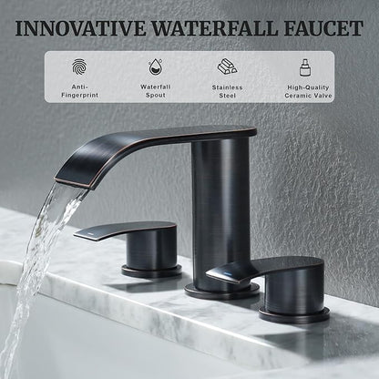 Ultimate Unicorn 8 inch Bathroom Faucet Oil Rubbed Bronze, Waterfall Bathroom Sink Faucet with Metal Pop-up Drain Stopper and 2 Supply Hoses,2 Handle Widespread Faucets for Vanity Sink 3 Holes