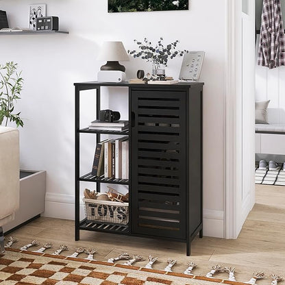 HITNET Black Bathroom Cabinet, Freestanding Storage Cabinet Bamboo Kitchen Floor Cupboard with Door and Shelf, Space Saving Side Storage Organizer for Living Room Bedroom Home Office