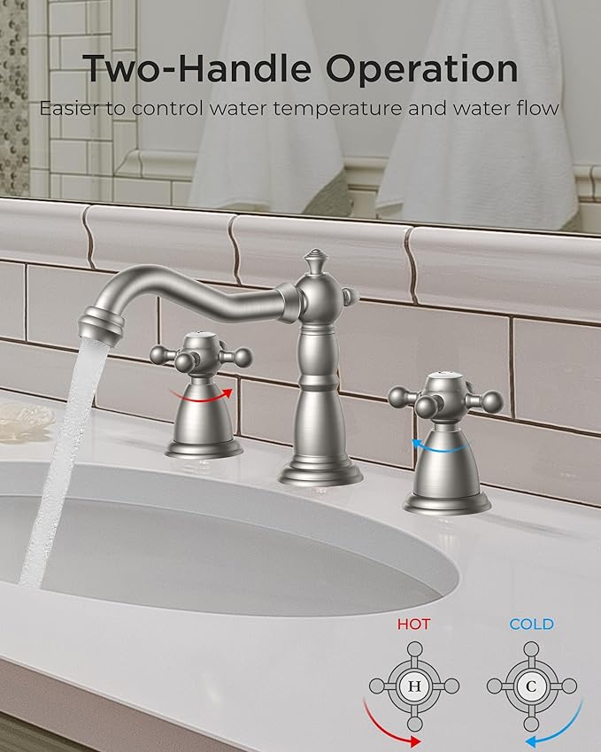 FORIOUS Brushed Nickel 3 Hole Bathroom Sink Faucets 2 Cross Handles, 8 Inch Widespread Antique Brass Viantage Bathroom Faucet for RV Vanity Farmhouse with Metal Pop Up Drain and Supply Lines