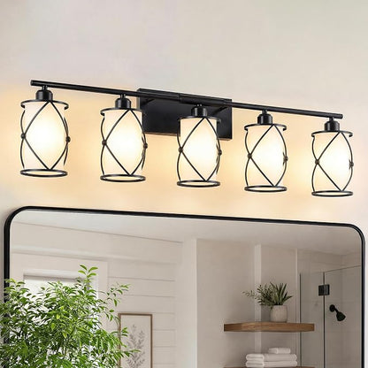 5-Light Matte Black Bathroom Light Fixtures Over Mirror, 38" UL-Listed Modern Farmhouse Wall Sconce Lights with Milk White Frosted Glass and Metal Cage for Bath, E26, CH9176BKW-5W
