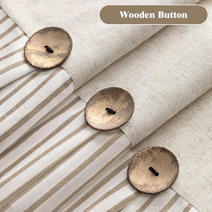 Farmhouse Shower Curtain Linen Button Beige Stripe 72" W x 78" L | Farmhouse Style, Chic Button, Striped, Linen Fabric, Rustic, Country, Natural Look, Washable, for Bathroom Bathtub