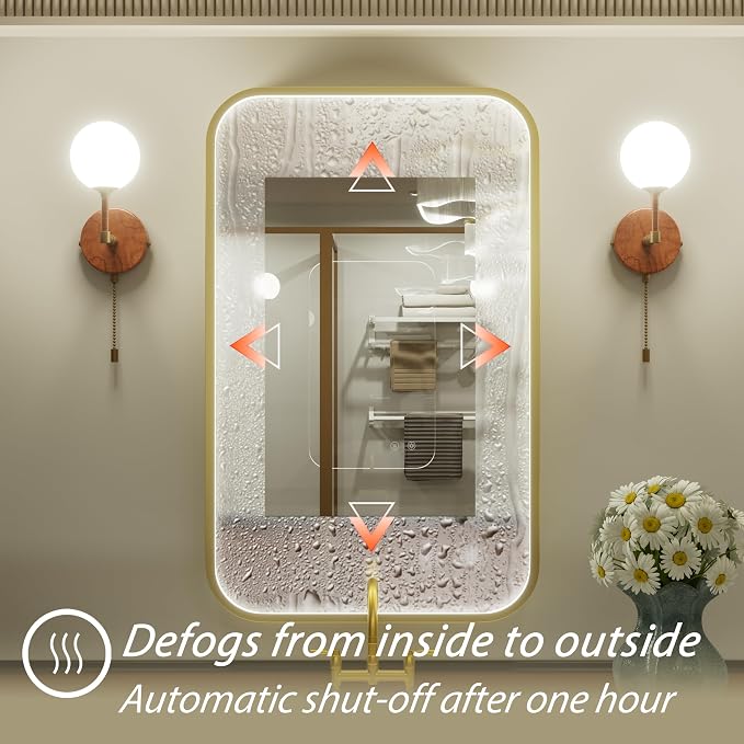 24x36 Inch Gold LED Bathroom Mirror with Lights,3000K/4500K/6000K | Stepless Dimmable, Anti-Fog, Memory Funtion, Aluminum Frame Wall Mount Lighted Bathroom Vanity Mirror, ETL Listed, Waterproof