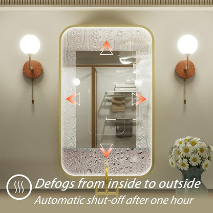 24x36 Inch Gold LED Bathroom Mirror with Lights,3000K/4500K/6000K | Stepless Dimmable, Anti-Fog, Memory Funtion, Aluminum Frame Wall Mount Lighted Bathroom Vanity Mirror, ETL Listed, Waterproof