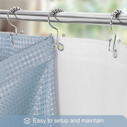 3 in 1 Fog Blue Shower Curtain with PEVA Liner, 12 Hooks, 72x72 | Luxury Weighted Fabric Shower Curtain Set, 12 Stainless Steel Double-Sided Hooks, Water Repellent, Bathroom Decor