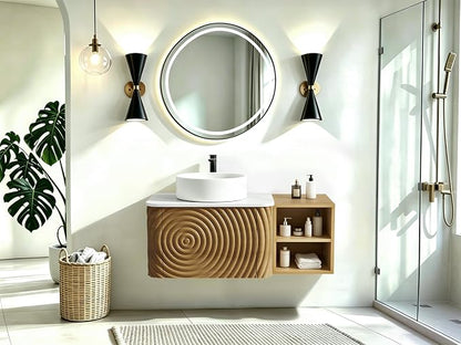 36" Floating Bathroom Vanity with Sink, Mid-Century Wall Mounted Bathroom Vanity Cabinet with Wood Waved Decor,Ceramic Vessel Basin and Sintered Stone Top, Soft Close Drawer, Side Open Cube