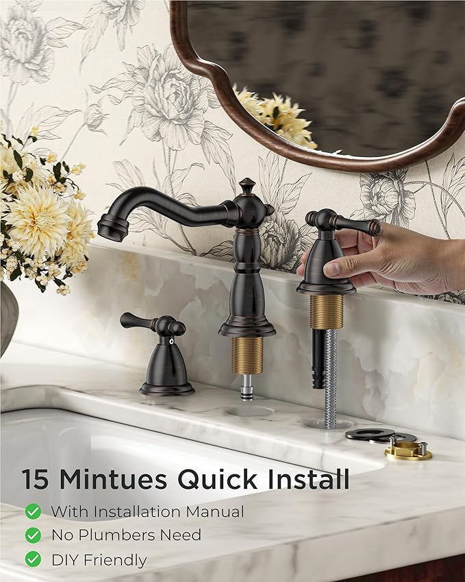 FORIOUS Bathroom Sink Faucet 3 Holes, 2 Handle Widespread Faucet for Bathroom Sink with Pop-Up Drain and Water Supplies for Commercial Vanity Lavatory Restroom Farmhouse (Oil Rubbed Bronze)