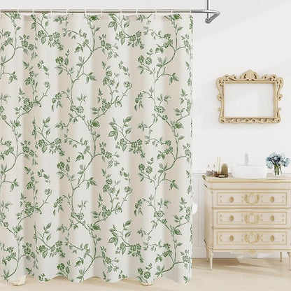 MitoVilla Long Shower Curtain Set 72 x 78, Cotton Floral Cottagecore Spring Shower Curtains for Bathroom, Modern Farmhouse Country Plant Leaves Bathroom Décor