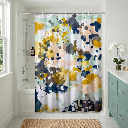 Americanflat 71x74 Abstract Shower Curtain - Water-Resistant Long Shower Curtain with Metal Grommets and 12 Hooks - 100% Polyester - Navy Blue, Yellow, Blush Pink, Mint Green, Charcoal and White