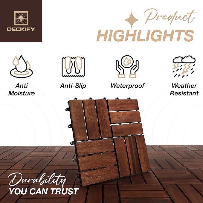 Acacia Wood Interlocking Deck Tiles Outdoor Flooring for Patio, Balcony | Raised Drainage Base, 12x12 In, Trimmable, Oil-Rubbed Finish, No Tools or Sealant Required, Weather-Resistant, Washable