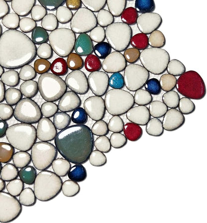 Ceramic Pebble Mosaic Tile Cream Red & Green Bath Shower Floor 5 Sq Ft | Crystal Glazed Porcelain, River Stone-Look for Bathroom Remodel, Fireplace Surround, Kitchen Backsplash and Accent Wall