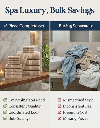 LANE LINEN Towel Set Quick Dry 100% Cotton 16 Piece Soft Absorbent - Taupe | Towels And Washcloths - Ring-Spun Durability, Terry Weave Comfort, Soft & Long-Lasting, Easy-Care
