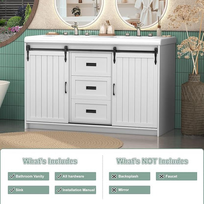 48 Inch Bathroom Vanity with Sink, Bathroom Vanity Cabinet with Doulble Sink, Bath Vanities with 2 Sliding Doors, White
