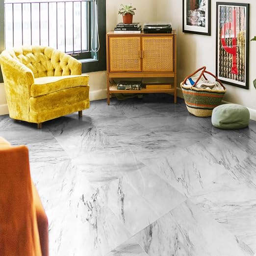 Art3dwallpanels Peel and Stick Floor Tiles 30-Pack 12x12 inch White Marble | Self Adhesive, Waterproof Vinyl Flooring, Marble Pattern for Kitchen, Dining Room, Bedrooms, Cover 30 Sq. Ft