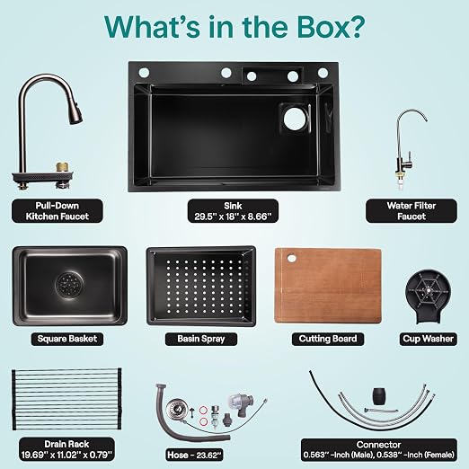 SereneLife Stainless Steel Kitchen Sink | Undermount & Drop-In Installation |13 Gauge & 30"L x 18"W x 9"H IN | Includes Faucet, Drain Rack, Strainer Basket, Cutting Board & Cup Washer | Black
