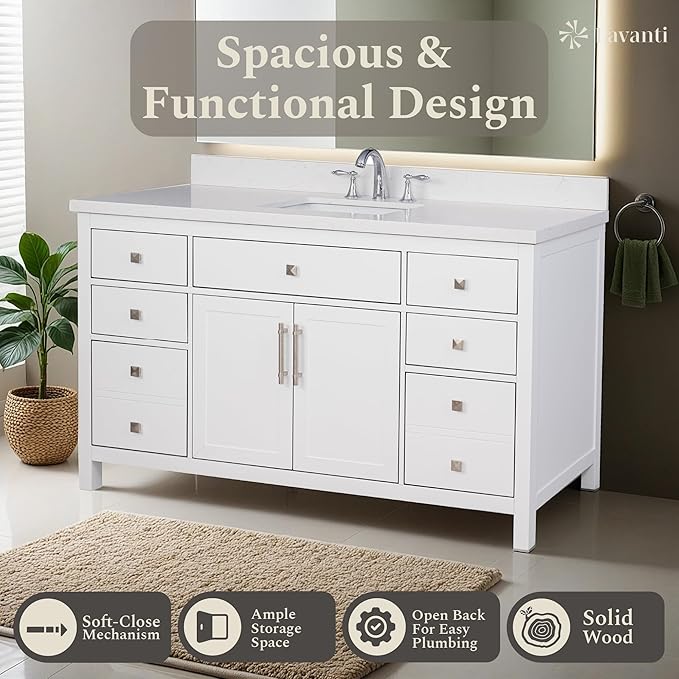 Lavanti Oakford 60 Inch Bathroom Vanity with Sink – Stylish White Vanity Bathroom with Storage Cabinet – Modern Bathroom Vanities with Single Vanity Sink & Quartz Countertop