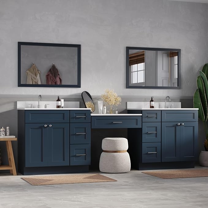 102" Bathroom Vanity with 6 Drawers, Carrara Quartz Top and Ceramic Sink, Shaker Style, Solid Wood Frame, 5 Piece Vanity with 3 Piece Countertop, 103" x 22"x35.25 (Navy Blue)