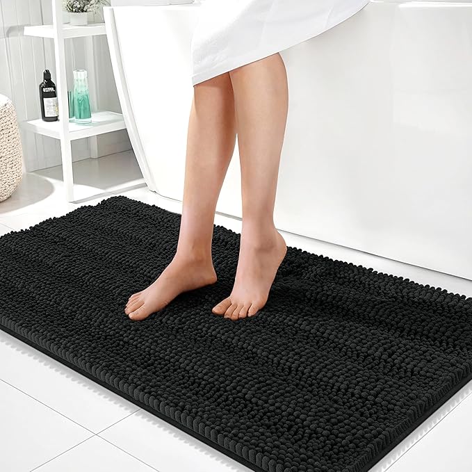 OLANLY Thick Bathroom Runner Rugs 44x24, Soft Chenille Bath Rugs, Black | Absorbent Striped, Rubber Backing, Machine Wash, Long Bath Mats for Bathroom Floor, Tub and Shower, Home Decor Accessories