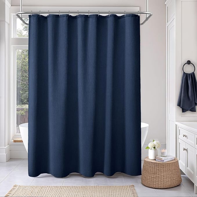 Waffle Weave Shower Curtain Heavyweight Cotton Fabric Navy Blue 72Wx72L | Soft Cotton Cloth,3D Square Truely Waffle Washable, Hotel Luxury Spa, Shower Curtain Set for Bathroom 12 Plastic Hooks