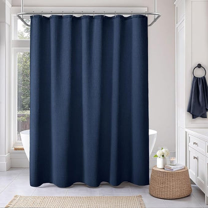 Waffle Weave Shower Curtain Heavyweight Cotton Fabric Navy Blue 72Wx72L | Soft Cotton Cloth,3D Square Truely Waffle Washable, Hotel Luxury Spa, Shower Curtain Set for Bathroom 12 Plastic Hooks
