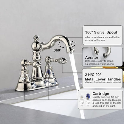 Two Handle Bathroom Faucet Polished Nickel Faucet 3 Hole with Plastic Overflow Pop-Up Drain,Swivel Spout Bathroom Sink Faucet 4 Inch Centerset,F-0048-PN