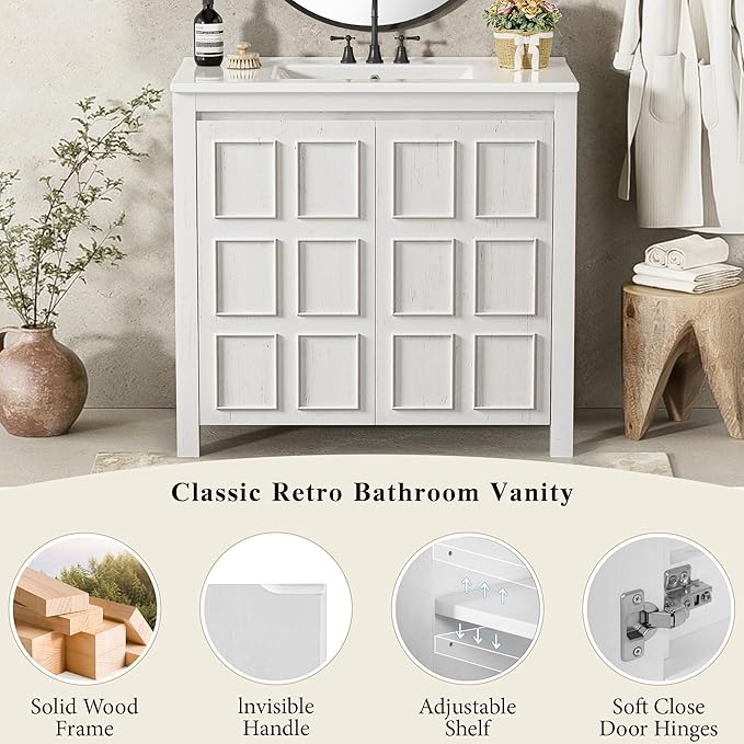 36" Bathroom Vanity,Farmhouse Vanity with Ceramic Sink, Set Bathroom Storage Cabinet, Antique White