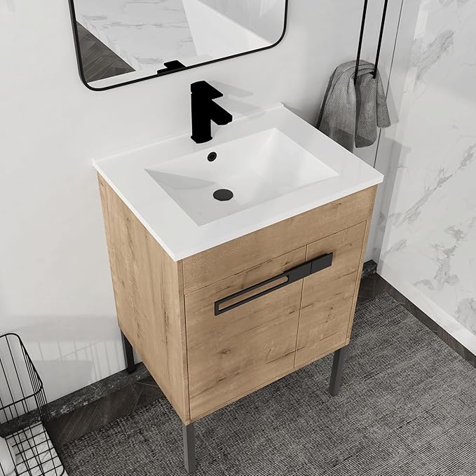 24 Inch Bathroom Vanity with Sink, 24'' Freestanding Vanity Cabinet with Ceramic Basin, 2 Soft-Closing Doors, Waterproof Plywood, Modern Storage for Small Bathroom, Apartment, 00324IMO+9060B