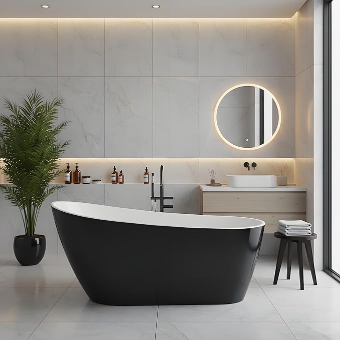 67 inch Freestanding Bathtub, Extra Large Freestanding Bathtub Black & White, Acrylic Stand Alone Tub with Integrated Overflow and Pre-Installed Drain, Free Standing Tub for Home Spa