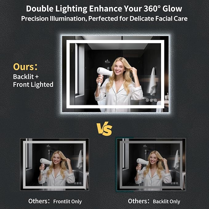 55"x40" LED Bathroom Mirror with Lights, Anti-Fog, Backlit+Frontlit | CRI 95, Stepless Dimmable, 3 Colors Lighting, Shatterproof Tempered Glass, HD Reflection, Memory, (Horizontal/Vertical)