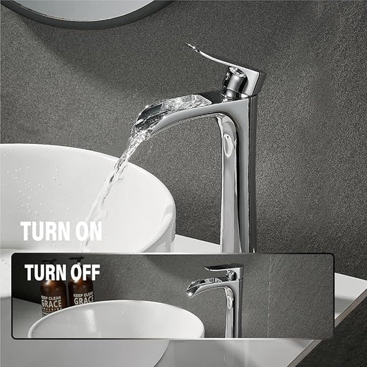 Yundoom Vessel Sink Faucet,Chrome Single Hole Single Handle Tall Bathroom Bowl Sink Faucet,Waterfall Bathroom Faucet,Modern Bathroom Tall Faucet.