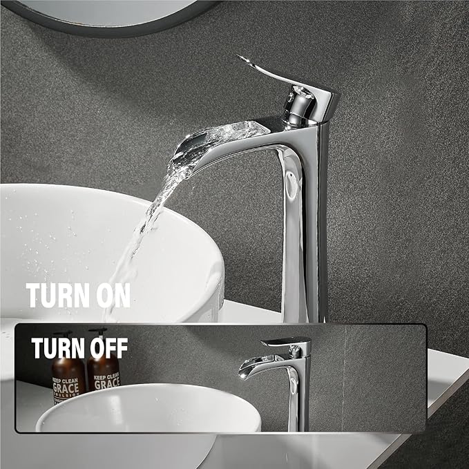 Chrome Vessel Sink Faucet,YUNDOOM Tall Waterfall Single Hole Single Handle Bowl Sink Faucet with Pop Up Drain
