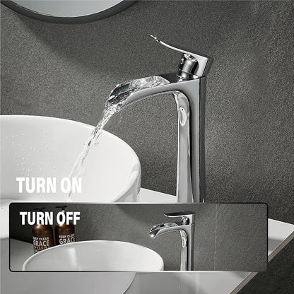Chrome Vessel Sink Faucet,YUNDOOM Tall Waterfall Single Hole Single Handle Bowl Sink Faucet with Pop Up Drain