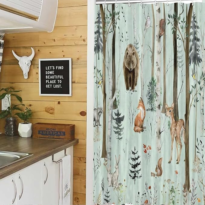 JAWO Rustic Forest Shower Curtains, Lodge Cabin Woodsy RV Shower Curtain, Wildlife Animals Woodland Campers Camping Bathroom Set with Hooks, 54x72 Inch, Teal