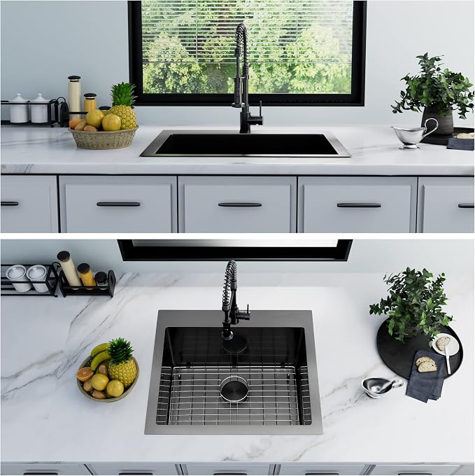 LQS Black Laundry Kitchen Sink, 25” x 22” Drop In Kitchen Sink, Drop In RV Kitchen Sink, Stainless Steel Laundry Sinks, 16 Gauge Black Kitchen Sinks With Accessories