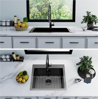 LQS Black Laundry Kitchen Sink, 25” x 22” Drop In Kitchen Sink, Drop In RV Kitchen Sink, Stainless Steel Laundry Sinks, 16 Gauge Black Kitchen Sinks With Accessories