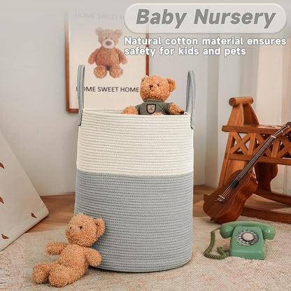 JMvicyroam 100L Cotton Rope Laundry Basket Hamper, White and Grey | Collapsible laundry basket, reinforced handles, freestanding, machine washable, holds 3-5 thick blankets, clothes or toys