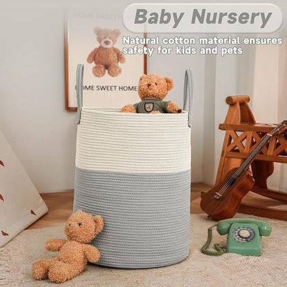 JMvicyroam 80L Cotton Rope Laundry Basket Hamper, White and Grey | Collapsible laundry basket, reinforced handles, freestanding, machine washable, holds 3-5 thick blankets, clothes or toys