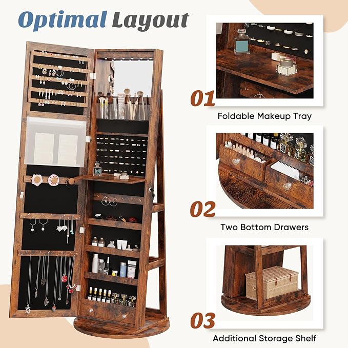 DUMOS 6 LEDs Standing Jewelry Armoire Cabinet, Full Length Mirror, Lockable | 360° Swivel, Jewelry Organizer and Storage, Build-in Mirror, Foldable Makeup Tray, Additional Storage Shelf, Rustic Brown