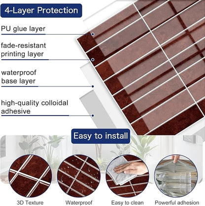 MORCART 10PCS 11.8"x11.8" Peel and Stick Backsplash, Vintage Red | 3D Adhesive Waterproof Wall Tiles for Kitchen, Bathroom, Living Room, Laundry Room, Subway Tiles
