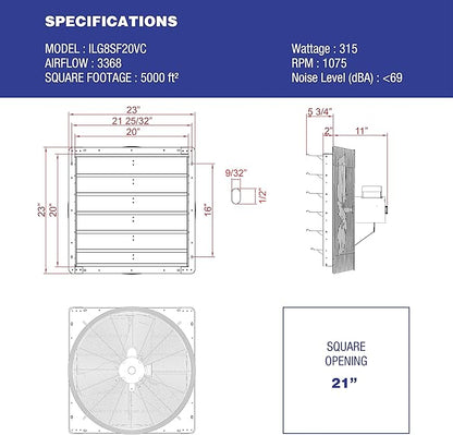 iLIVING 20" Shutter Exhaust Fan with Wireless Smart Remote Controlled Thermostat and Humidity, Variable Speed Wall Mounted Attic Vent Fan, Chicken Coop Ventilation, 3368 CFM, 5000 SQF Coverage Area