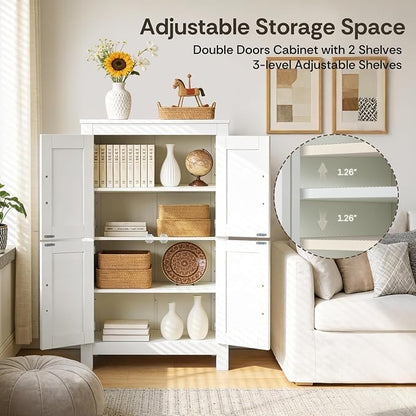 VUSIGN Bathroom Floor Cabinet, Farmhouse Storage Cabinet with 4 Doors, Adjustable Shelves, Modern Freestanding Storage Unit, Versatile Cupboard for Kitchen Living Room, Dining Room, Entryway, White