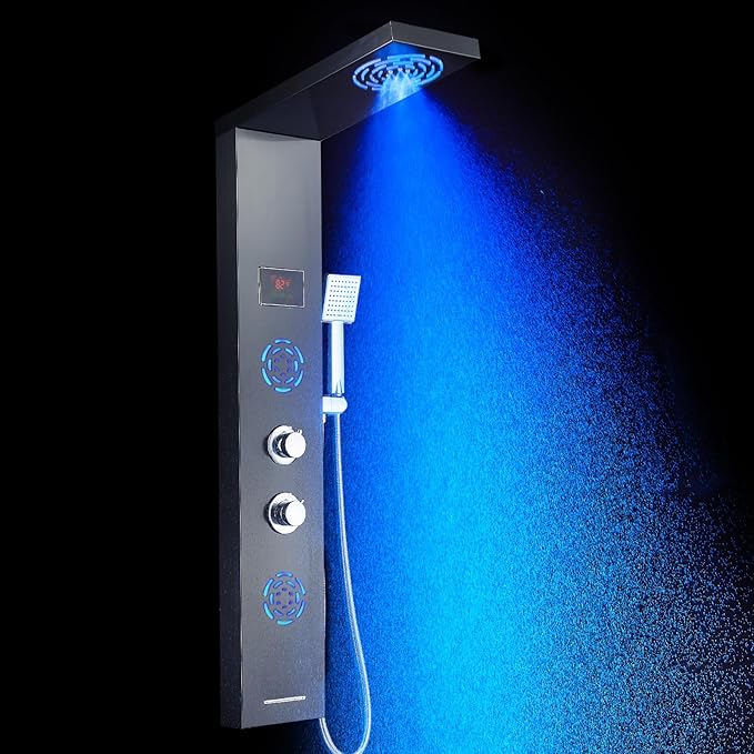 POPFLY Shower Panel Tower System with LED MIST & RAIN Shower Head, 2 Body Jets with LED, Tub Spout and Temperature Display, Water Powered Led Shower Tower Column Stainless Steel, Black