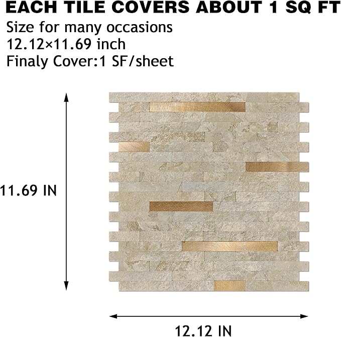 KASARO Peel and Stick Marble Backsplash Tile, 10 Sheets, Marble Stone Beige with Vintage Golden Stripes, Self-Adhesive Wall Tile for Kitchen, Bathroom, Fireplace, RV (11.7” x 12.1”)