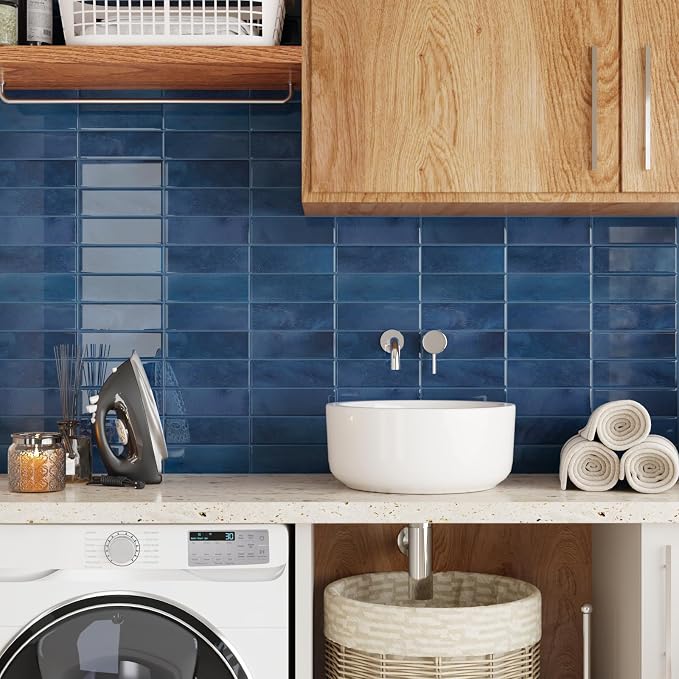CRE8TIVE 16 Sheets Straight Linear Peel and Stick Tile for Bathroom Kitchen Backsplash Tiles Peel and Stick on Blue Tile Self Adhesive Rectangular Subway Tiles for Laundry Room Shower Walls 12"x12"