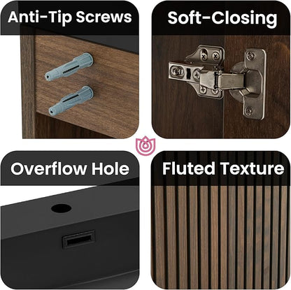 48" Bathroom Vanity with Sink Combo, Mid Century Modern Bathroom Cabinet with Doors & Open Shelf, Matte Black Integrated Sink with Overflow, Brown Walnut