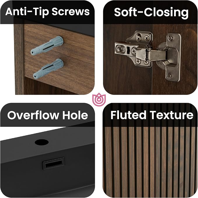 72" Bathroom Vanity with Sink Combo, Mid Century Modern Bathroom Cabinet with 4 Doors & Open Shelf, Matte Black Integrated Sink with Overflow, Brown Walnut