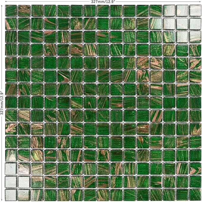 11.5 sq.ft Green Glass Mosaic Tile for Bathroom, Pool, Kitchen Backsplash | Waterproof Wall & Floor Tile. Heat & frost resistant outdoors. Mesh-mounted easy install. Use any grout. Easy clean. 10pcs.
